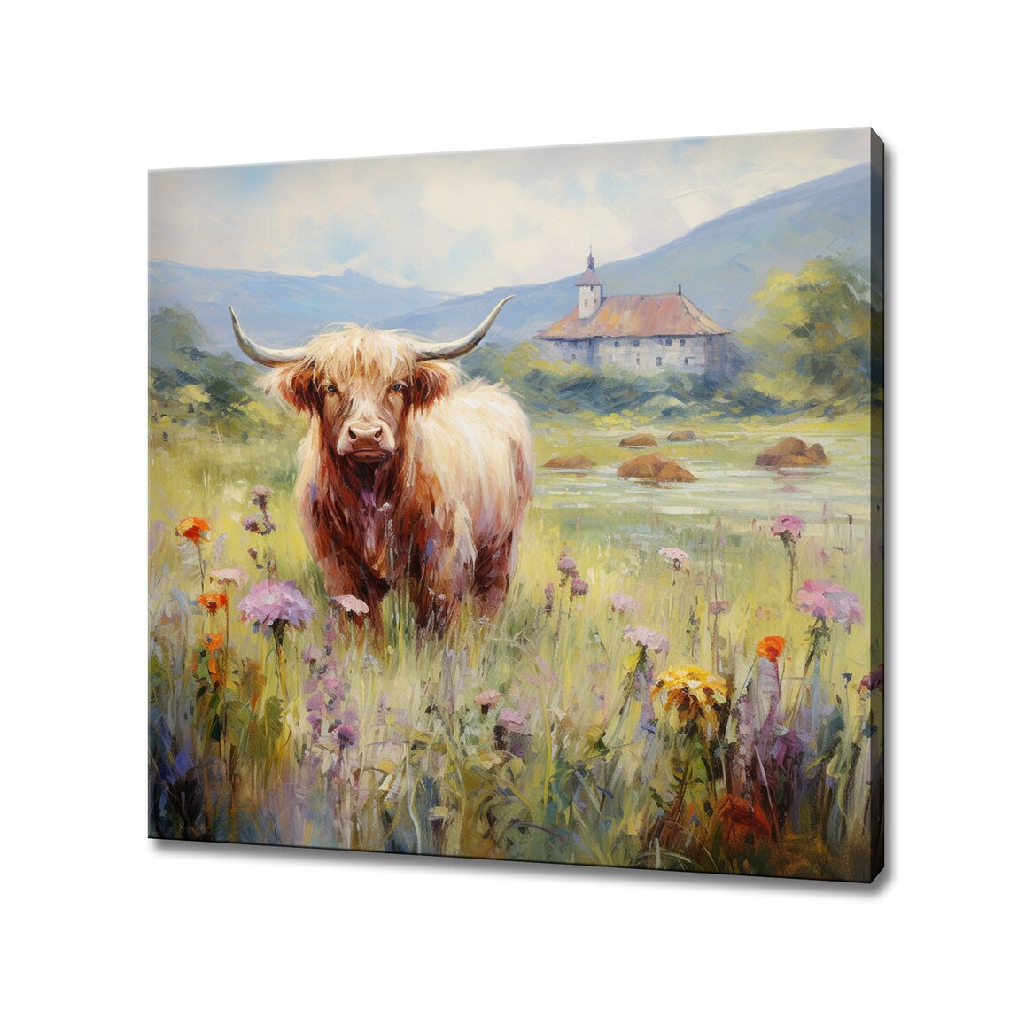 Highland Cow Wildflower Meadow Farmhouse Mountain Colourful Wall Art