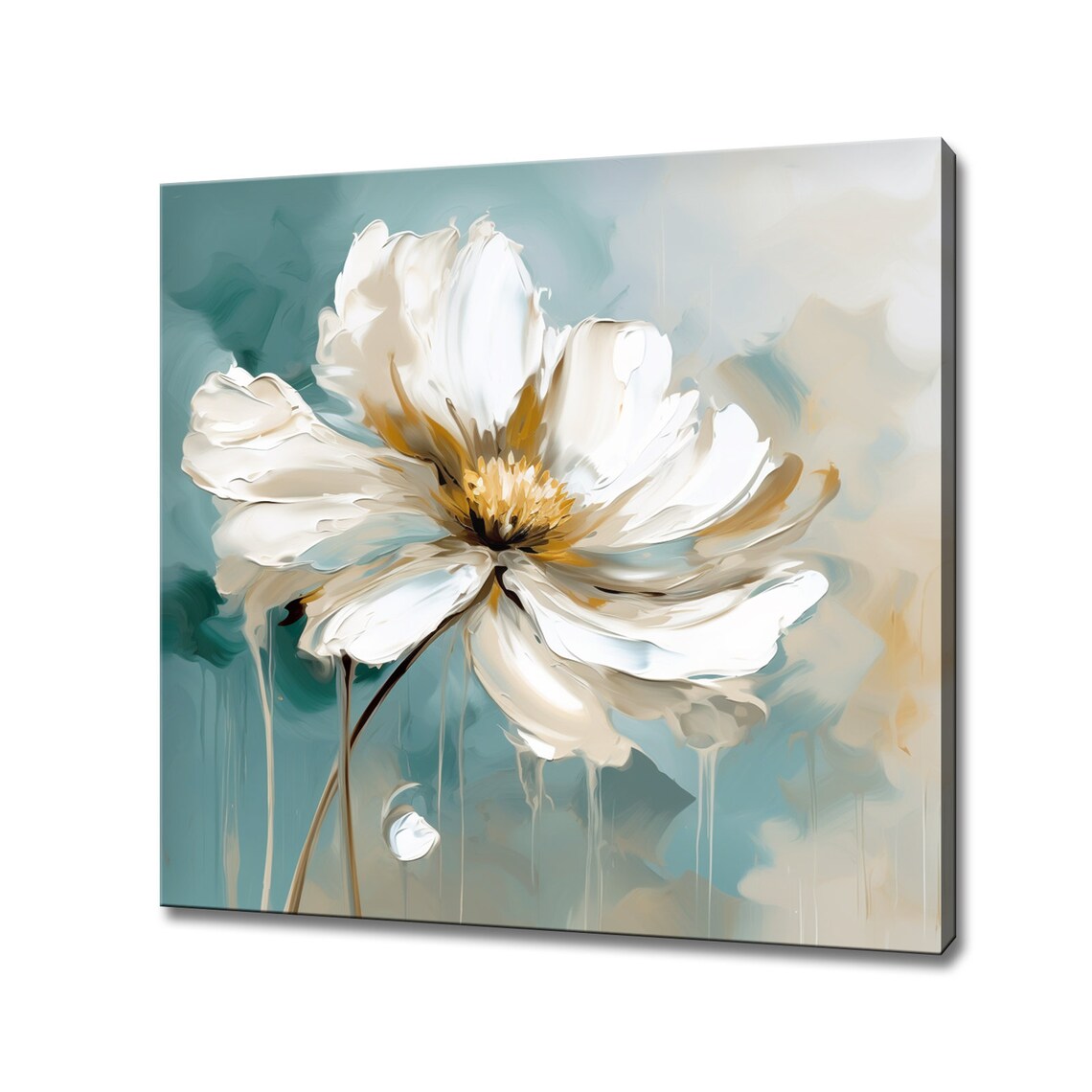 White Flower Pastel Blue Abstract Floral Oil Painting Art Poster