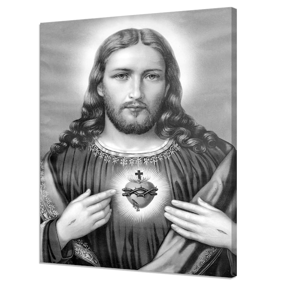 Jesus Christ Sacred Heart Black White Portrait Religious Wall Art