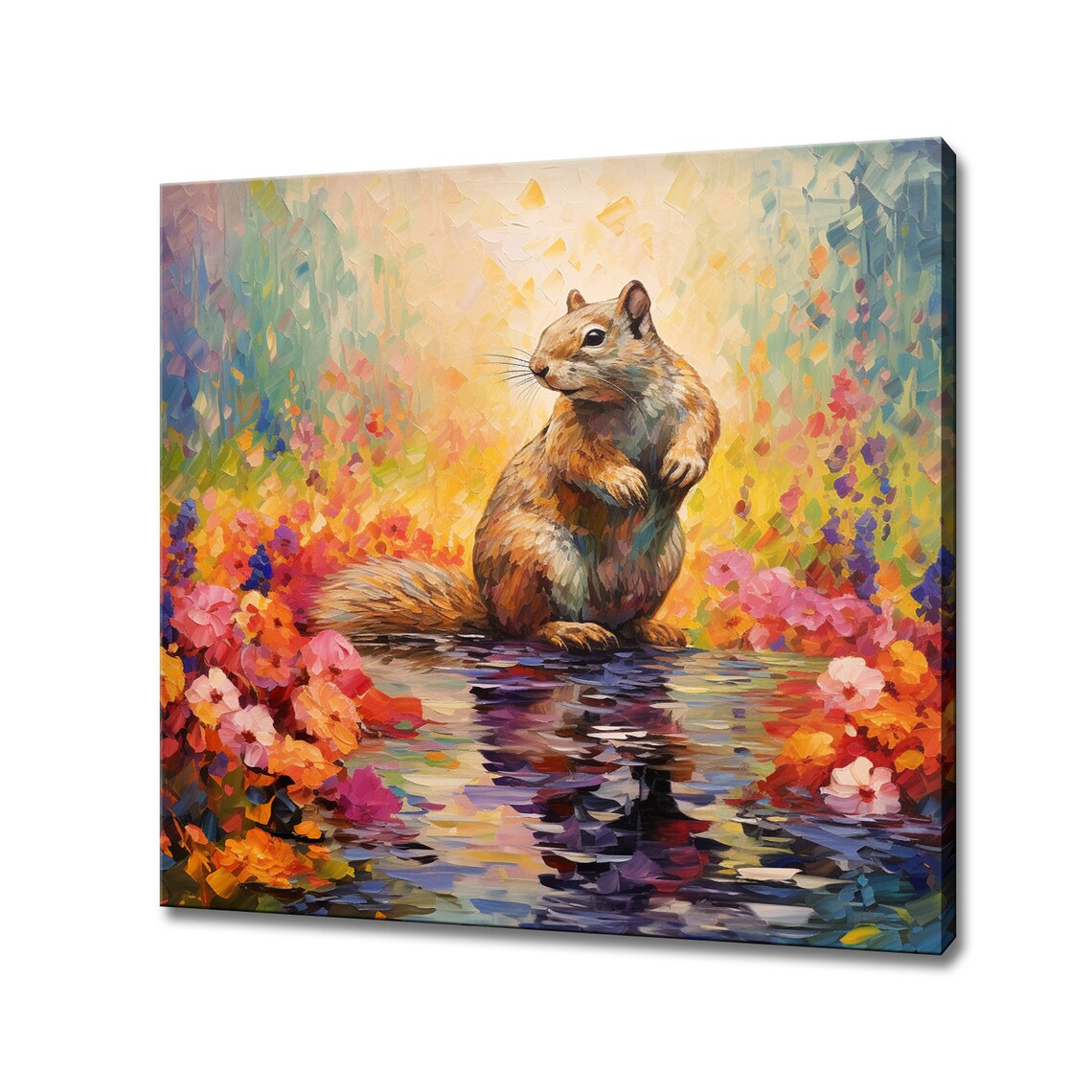 Squirrel By The Water With Colorful Flowers Wildlife Portrait Poster
