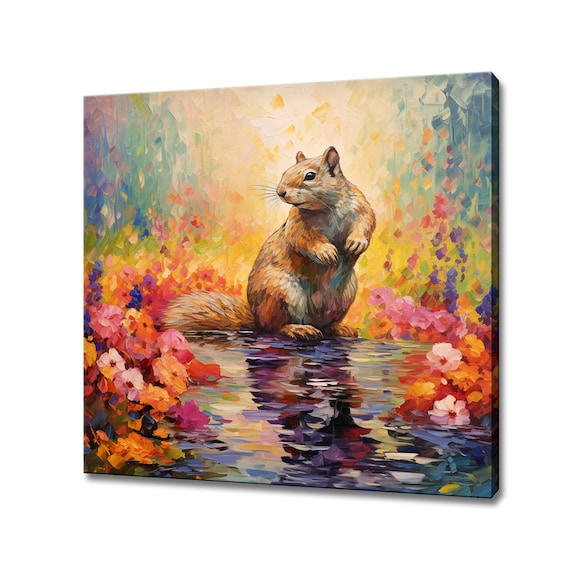 Squirrel By The Water With Colorful Flowers Wildlife Portrait Poster