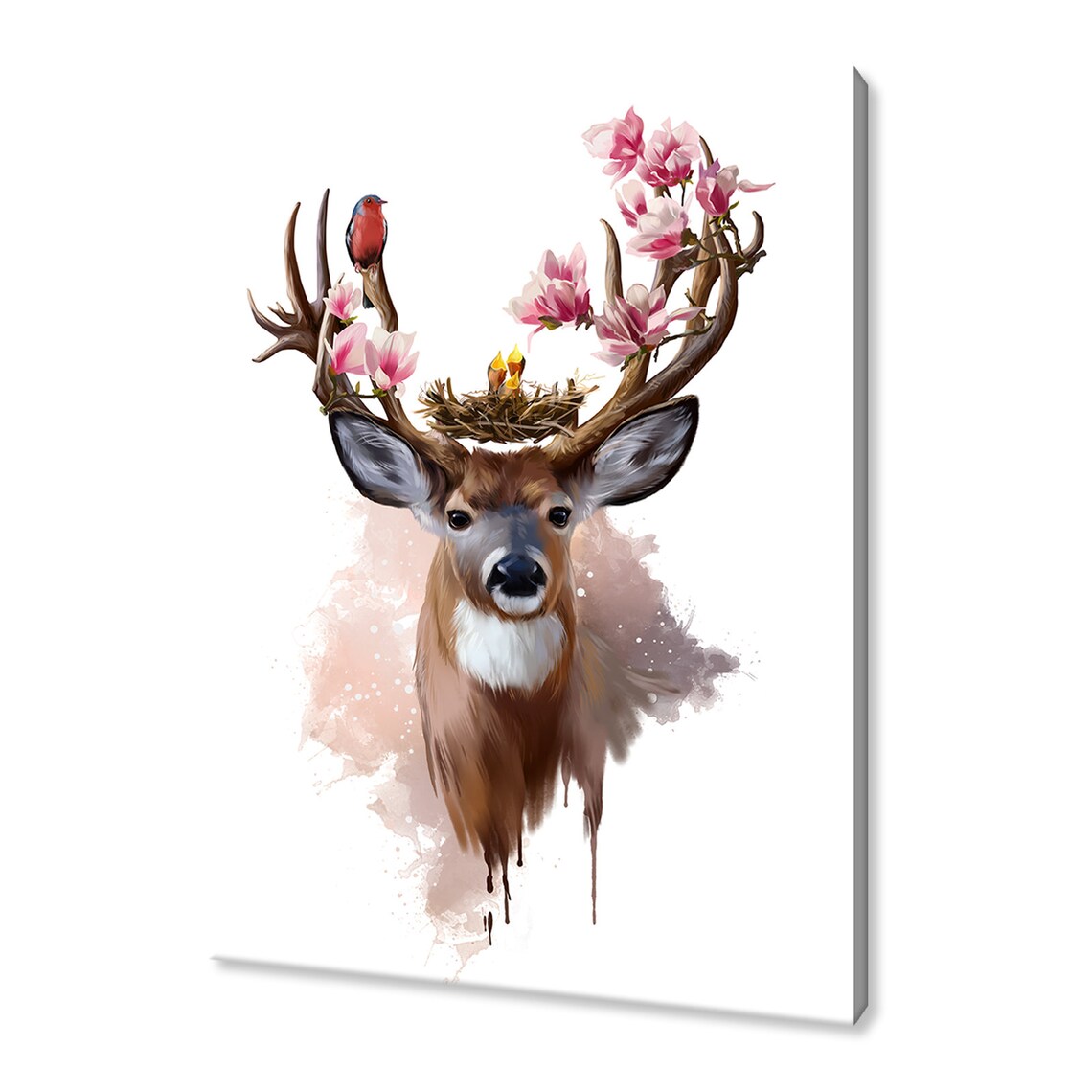 Deer With Blossom Antlers Bird Nest Watercolor Wildlife Art Poster