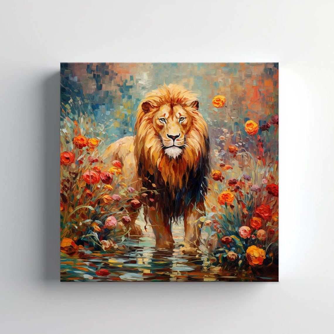 Majestic Lion With Golden Mane Wading Through Wildflowers Poster - Image 2