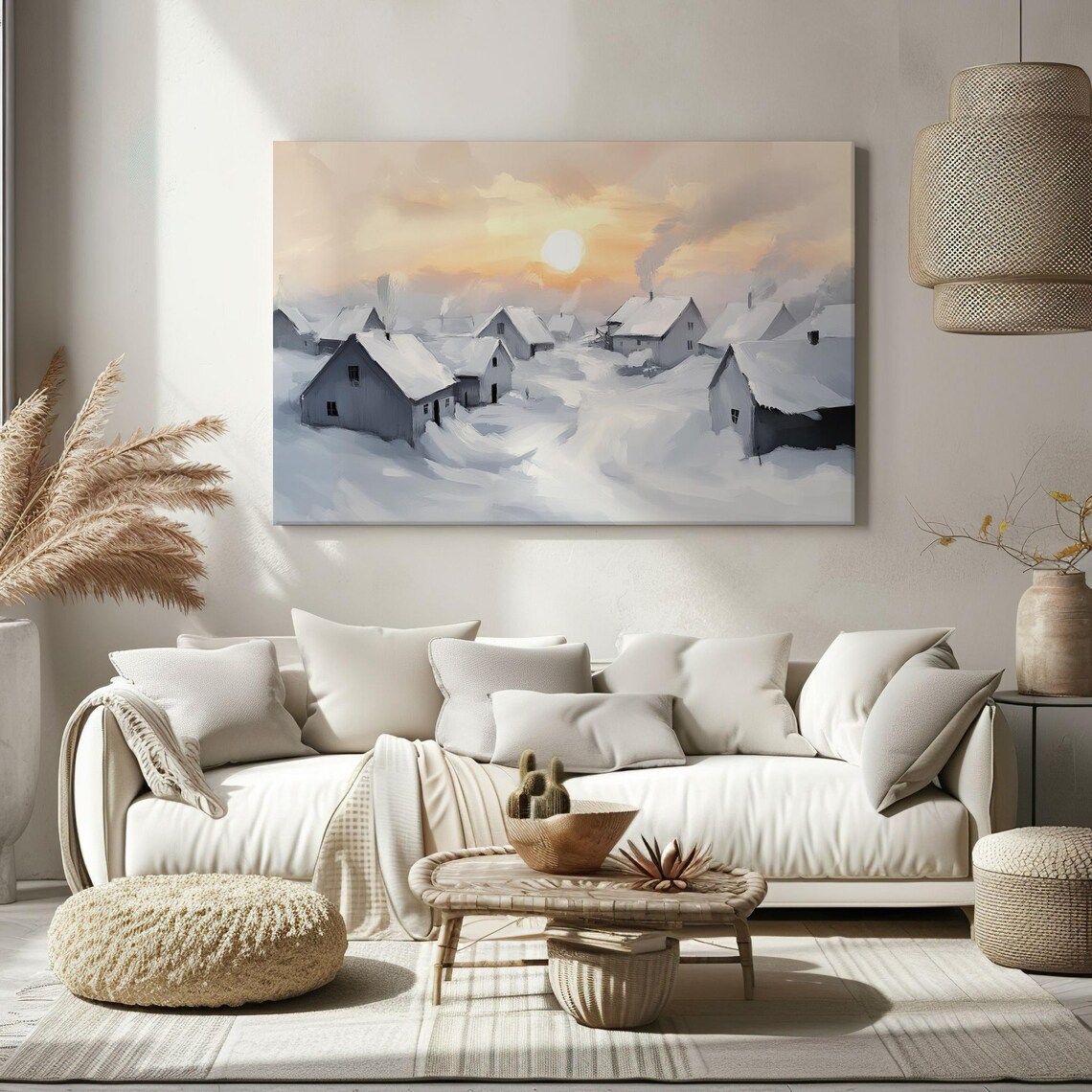 Snowy Village At Sunrise Winter Painting Cozy Cottages Print - Image 2