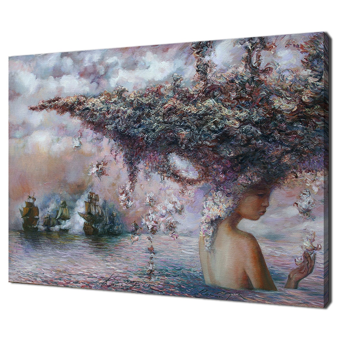 Stunning Oil Painting Of Woman Island And Sailboats Modern Design Decor Print Wall Art Picture