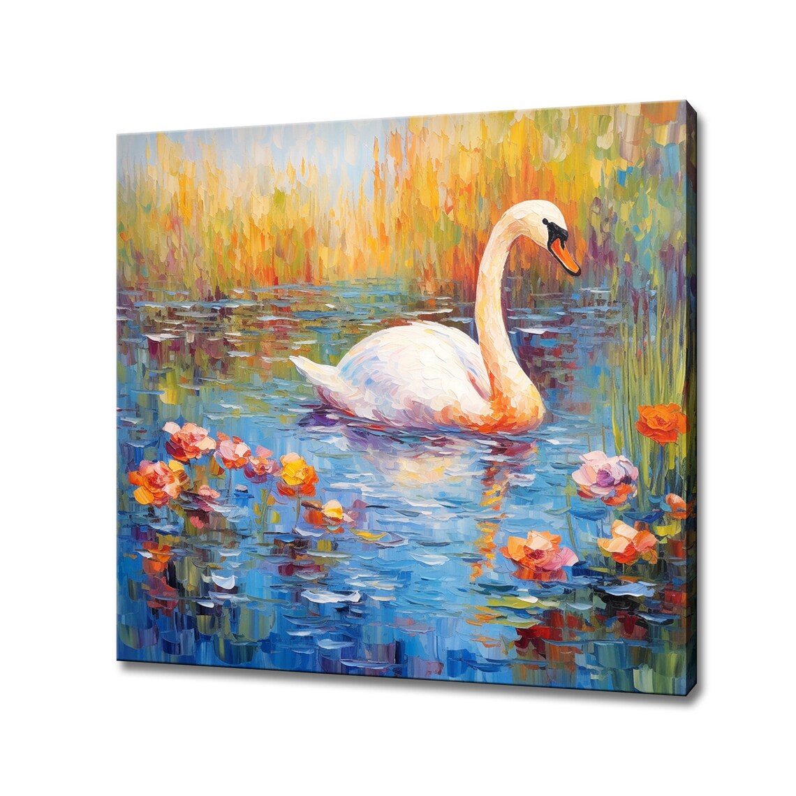 Graceful Swan On Golden Flower Lake Vibrant Impressionist Art Poster
