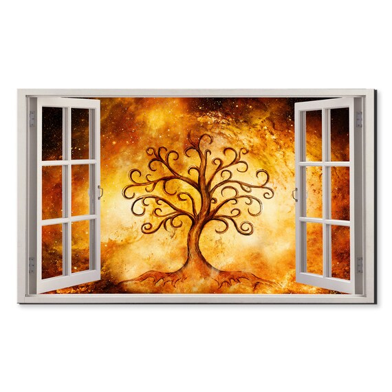 Fire Tree The Symbol Of Life Window View Window Frame Style Modern Design Home Decor Print Wall Art Picture Ready To Hang