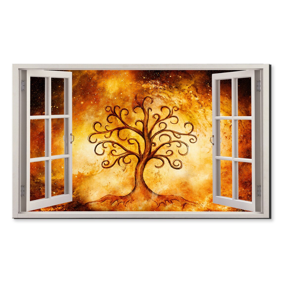 Fire Tree The Symbol Of Life Window View Window Frame Style Modern Design Home Decor Print Wall Art Picture Ready To Hang