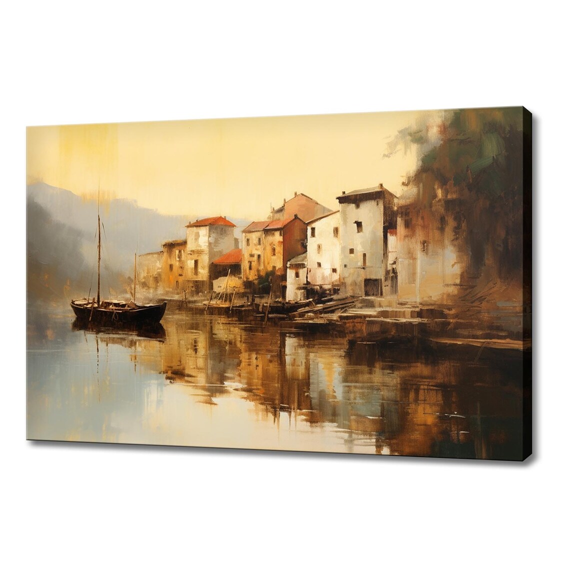 Old Town Harbor Boats At Warm Dusk Impressionist Waterfront Poster