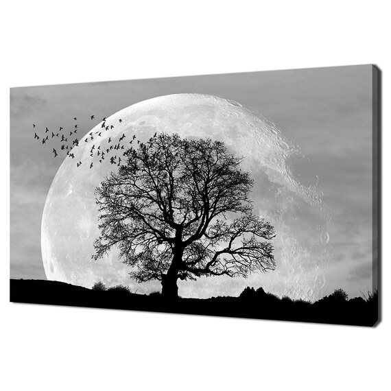 Lone Tree With Moon, Modern Landscape Wall Art