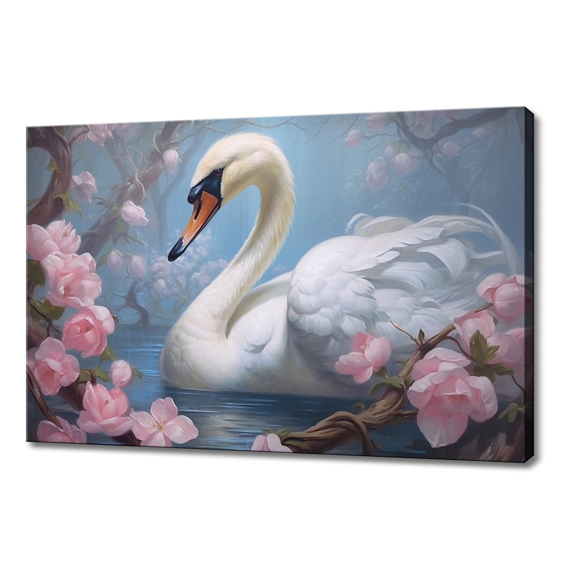 White Swan Swimming Among Pink Blossom Branches Serene Lake Art Poster