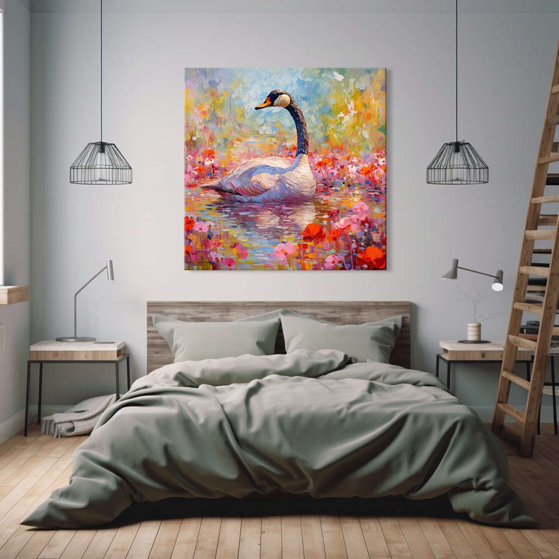 Canada Goose Pond Pink Flowers Impressionist Colourful Bird Art Print - Image 2