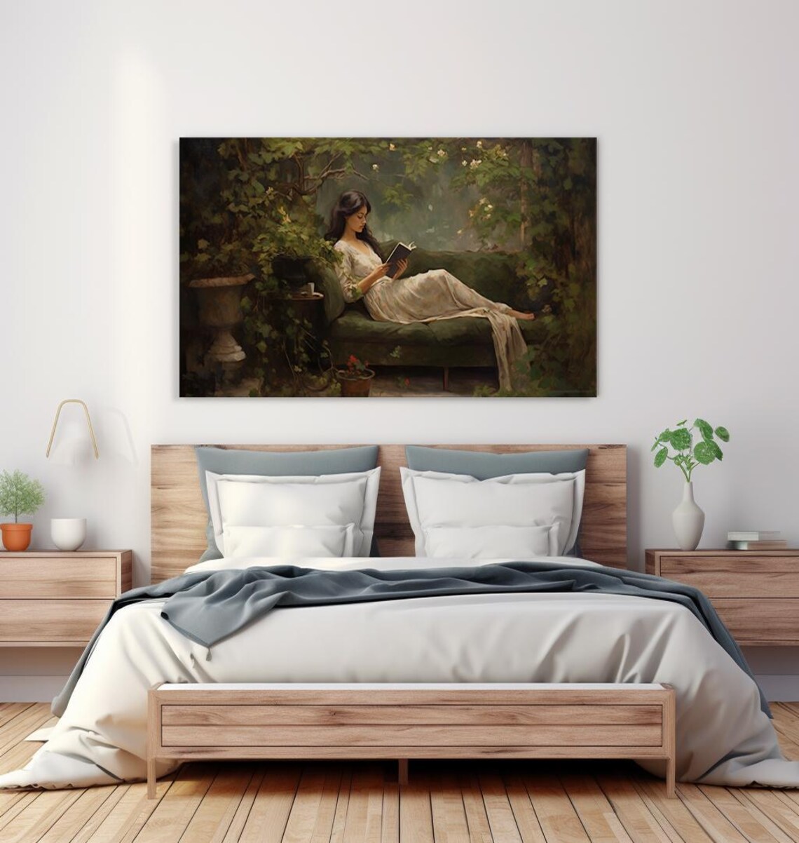 Woman In White Dress Reading On Garden Couch Ivy Vintage Art Poster - Image 4