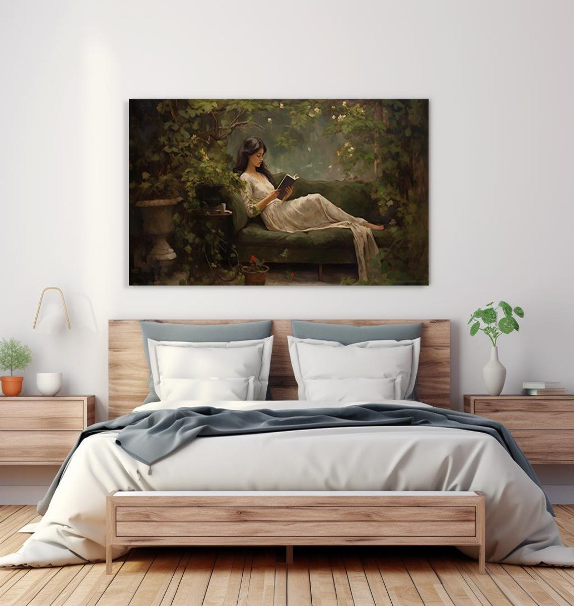 Woman Reading A Book In The Green Garden Vintage Painting Style Print Farmhouse Decor Art Picture Wall Hanging Fine Art Print - Image 4