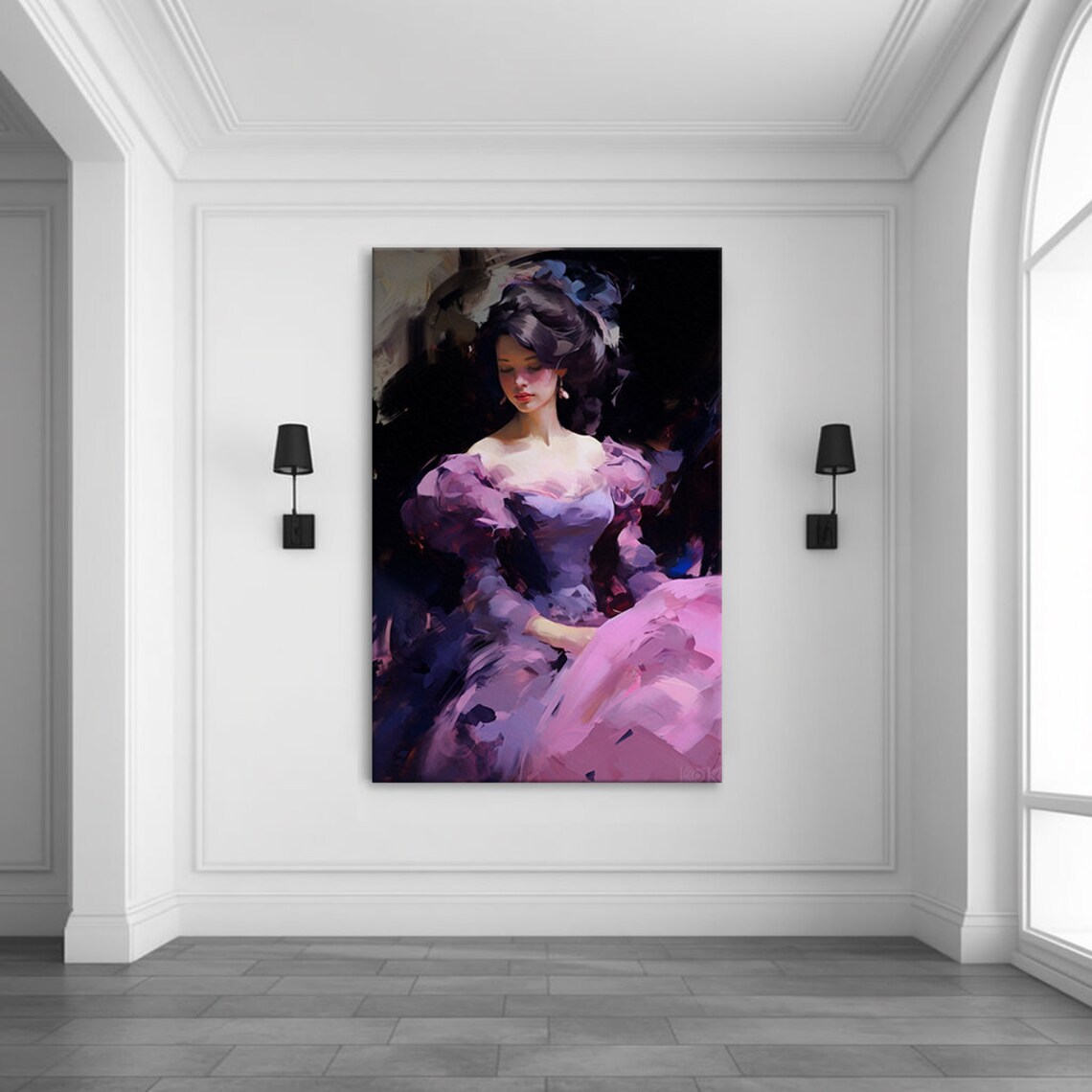 Elegant Lady In Pink Purple Off Shoulder Ball Gown Portrait Wall Art - Image 3