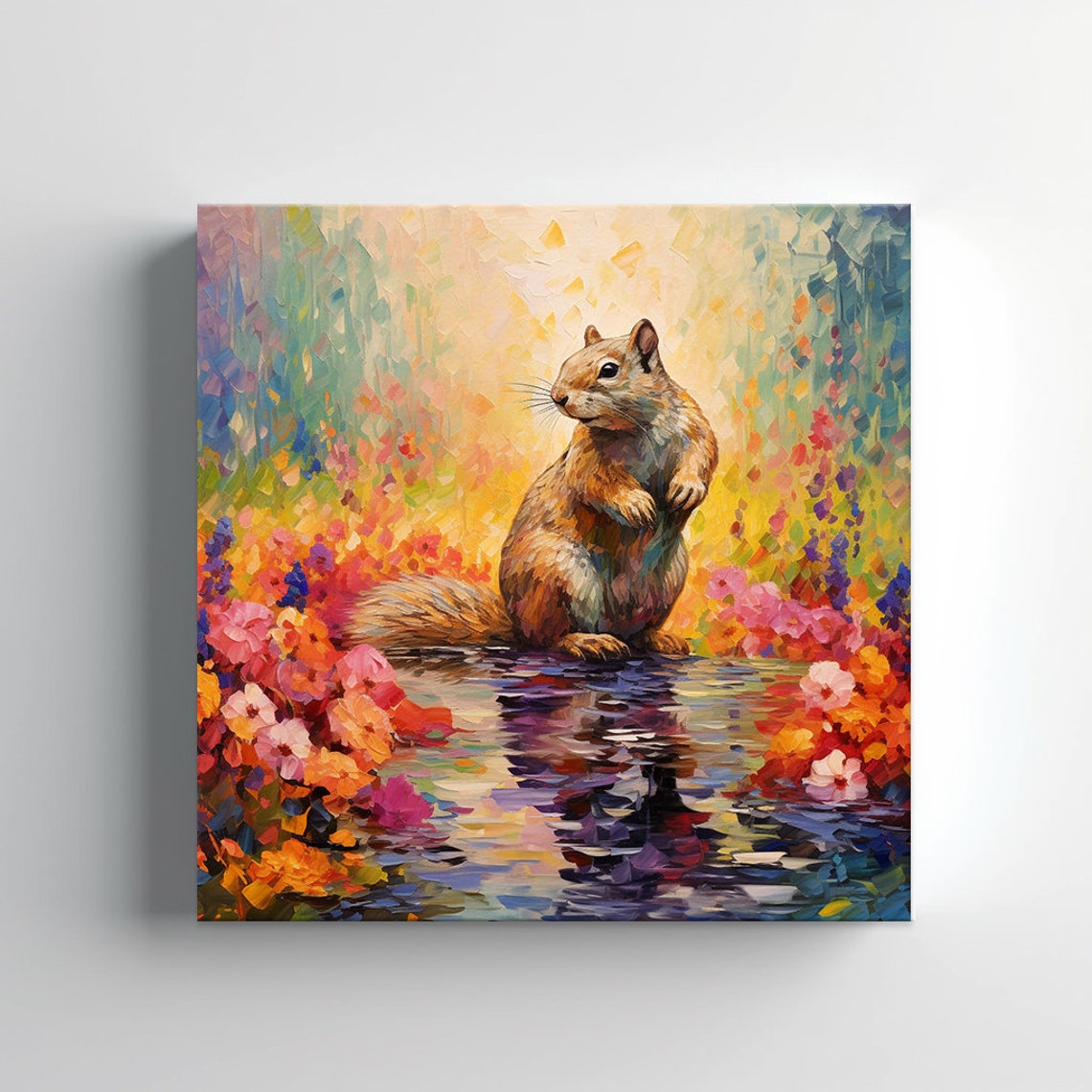 Squirrel By The Water With Colorful Flowers Wildlife Portrait Poster - Image 3
