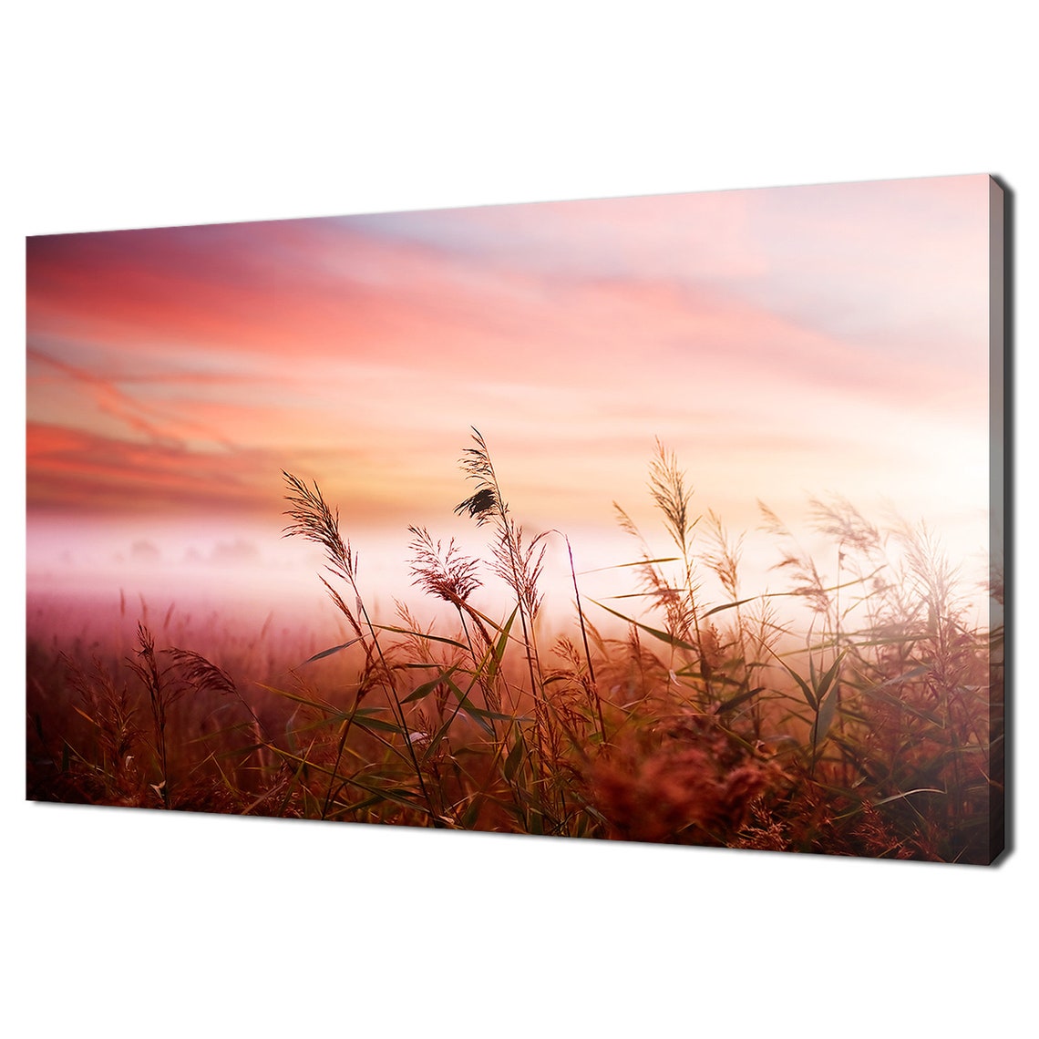 Early Morning Mist Tall Grasses Pink Sunrise Foggy Field Travel Poster