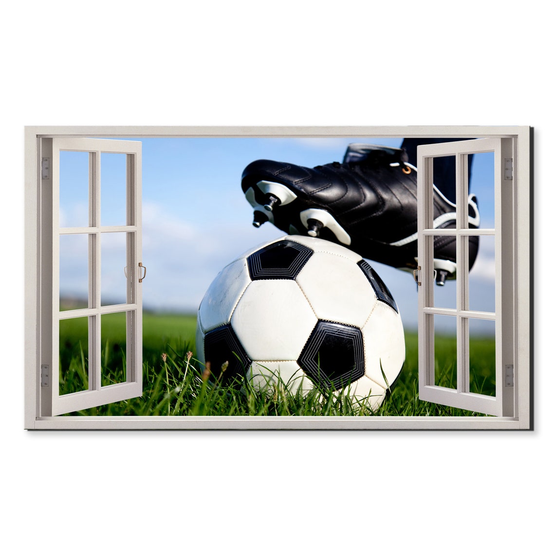 Football Soccer Kick Off Window View Window Frame Style Modern Design Home Decor Print Wall Art Picture Ready To Hang