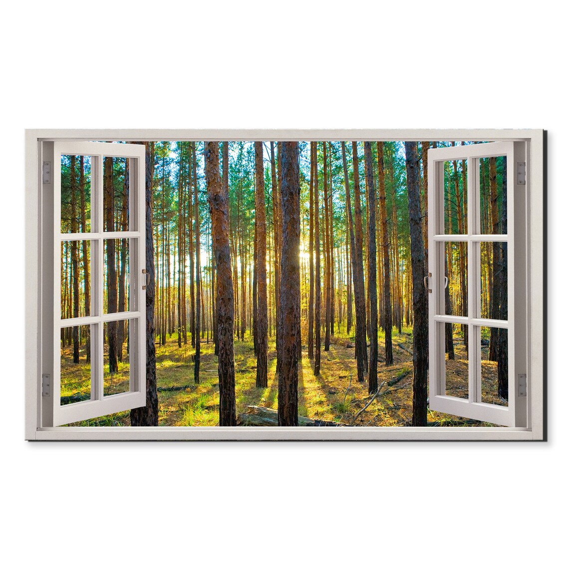 Sunset In Scots Pine Forest Trees Window View Window Frame Style Modern Design Home Decor Print Wall Art Picture Ready To Hang