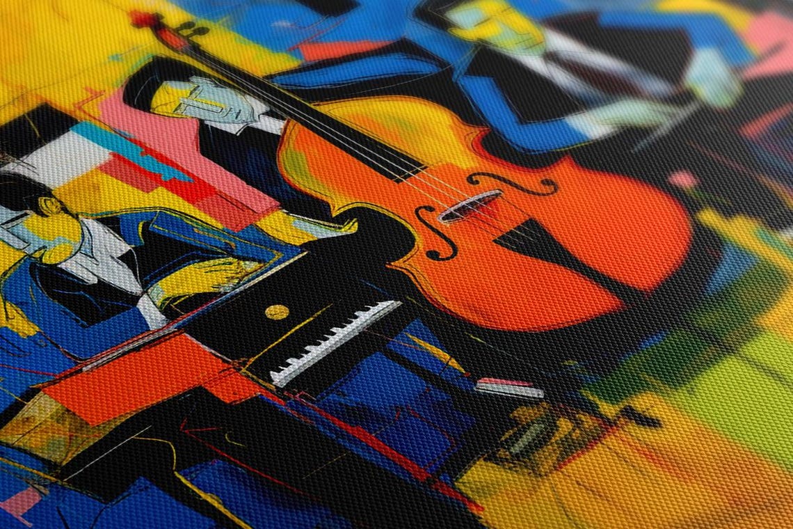 Jazz Trio Yellow Blue Abstract Painting Cello Piano Nightclub Poster - Image 2