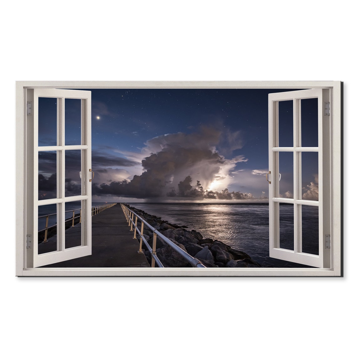 Night Sea Pier Moonlit Cloudy Sky Open Window Ocean View Art Poster