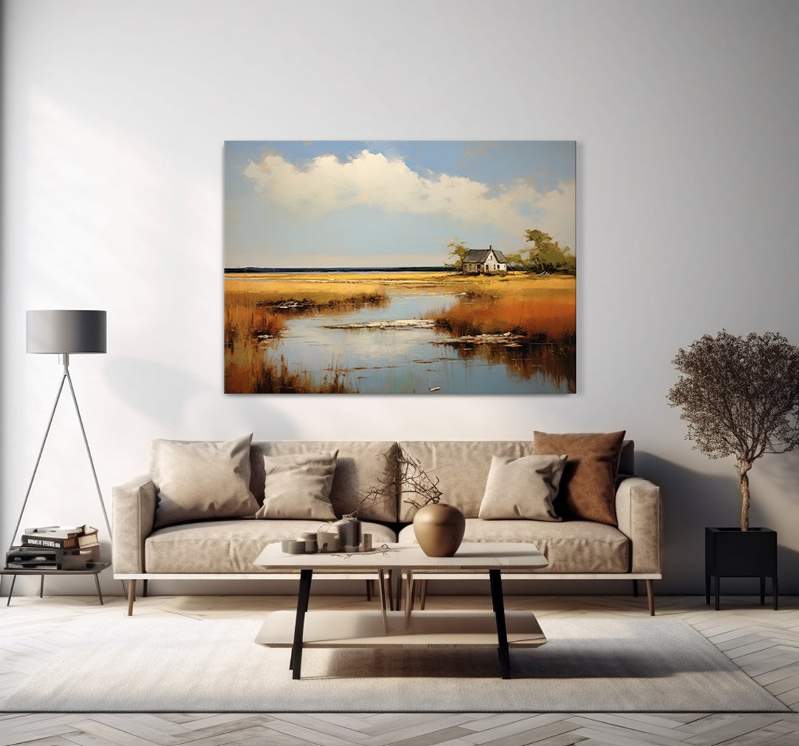 White Cabin By The Lake Golden Marsh Reflections Country Poster - Image 4