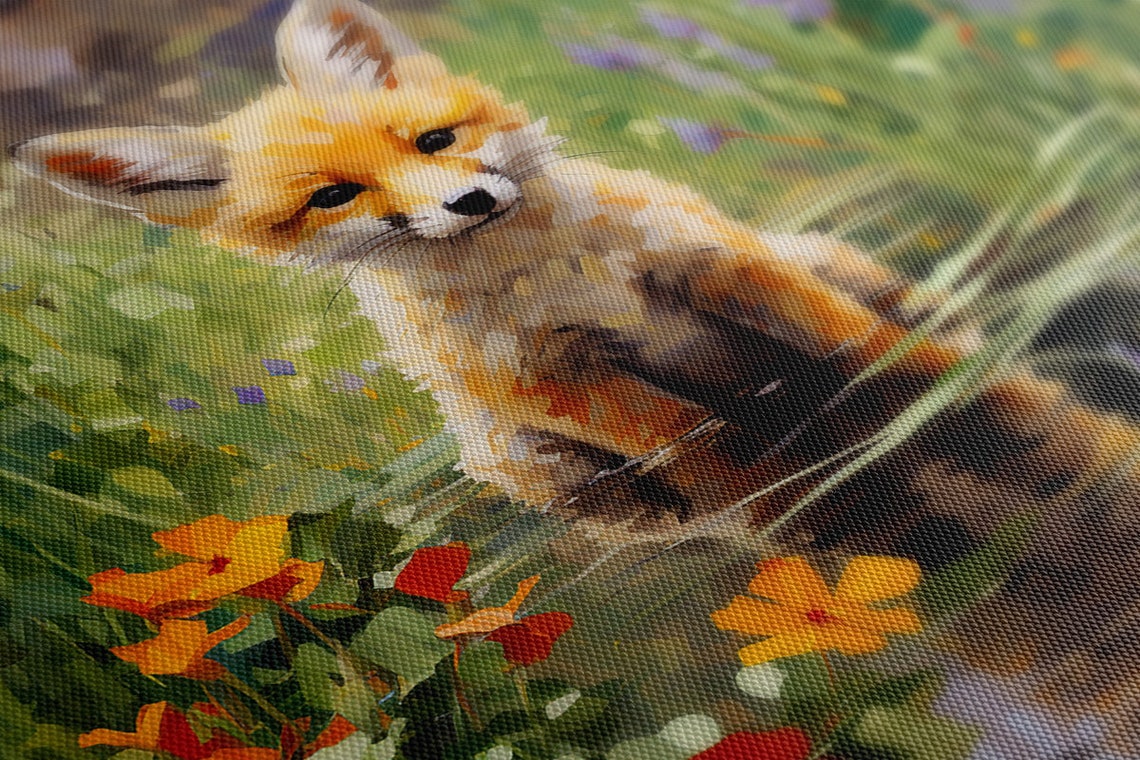 Baby Red Fox Cub In A Summer Wildflower Pond Painting Wall Art - Image 4