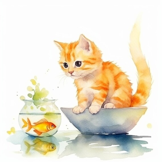 Ginger Kitten And Goldfish Bowl Watercolor Cute Orange Cat Nursery Poster