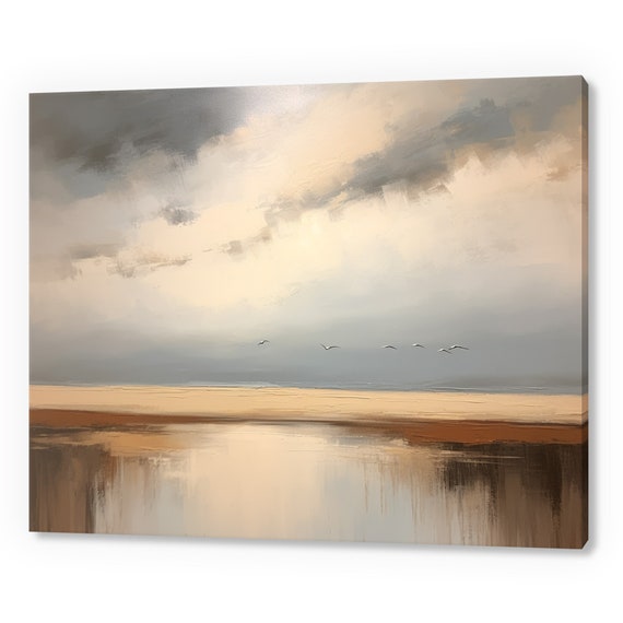 Dramatic Sky Over The Lake Vintage Country Landscape Painting Style Print Farmhouse Decor Art Neutral Nature Picture Wall Hanging
