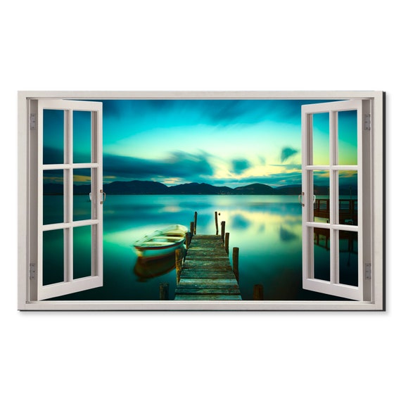 Wooden Pier Boat On A Lake At Sunset Window View Window Frame Style Modern Design Home Decor Print Wall Art Picture Ready To Hang