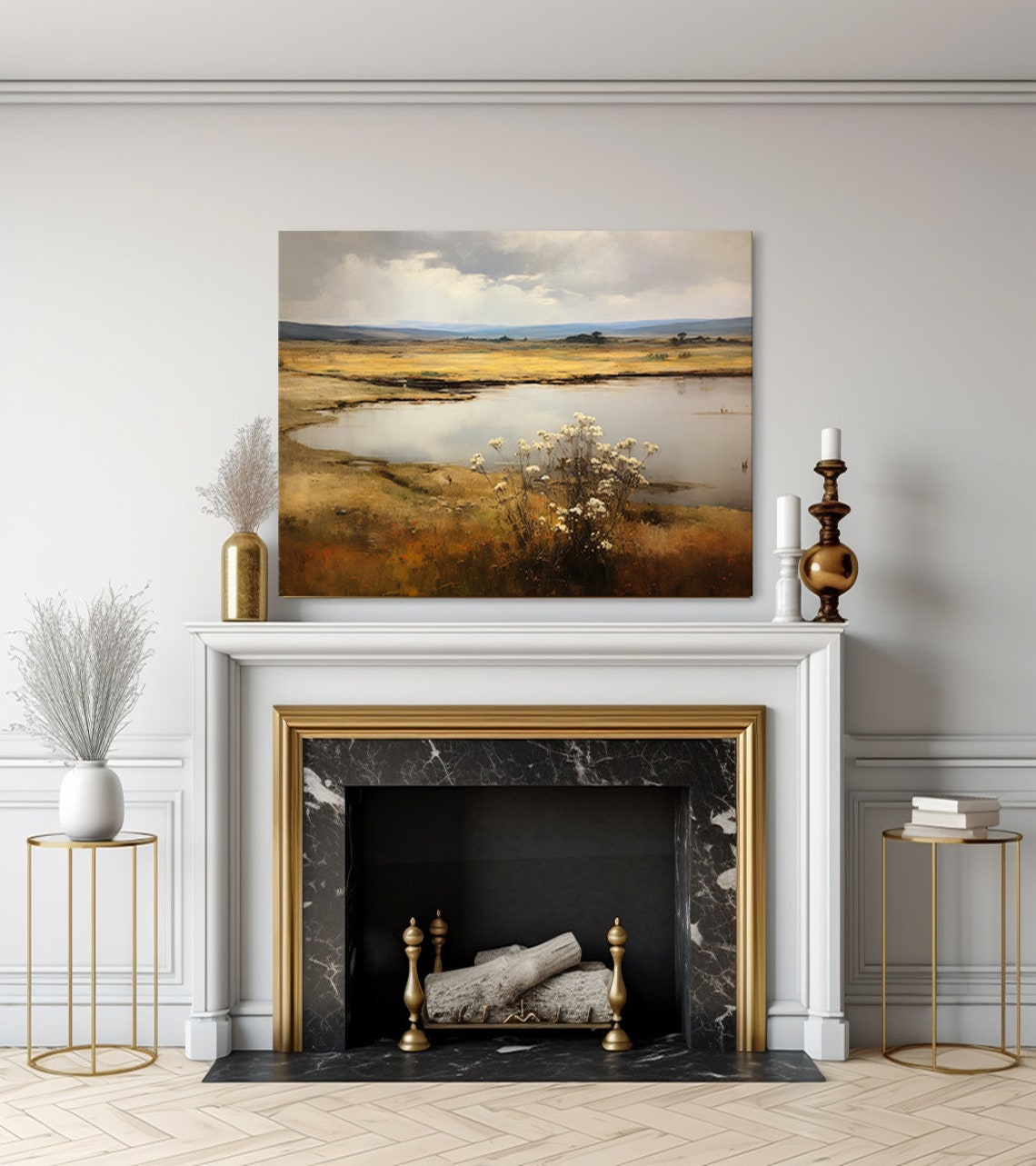 Vintage Country Landscape Flowers Lake Muted Moody Painting Style Print Farmhouse Decor Art Neutral Nature Picture Wall Hanging - Image 3