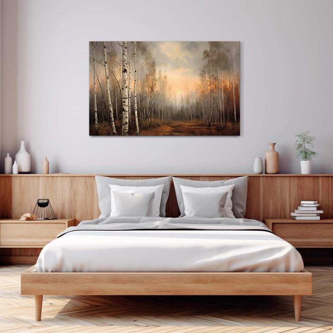 Autumn Birch Forest Misty Sunset White Trunks Nature Landscape Poster - Image 3