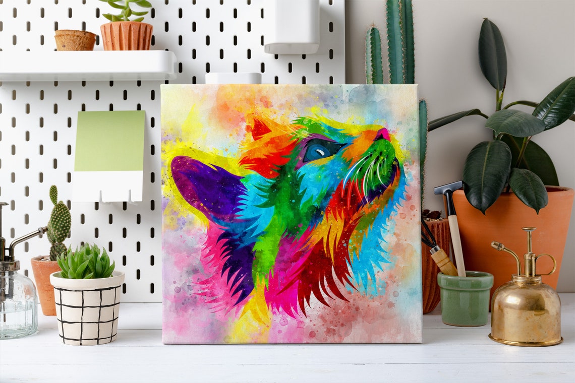 Colourful Cat Head Profile Rainbow Watercolour Splash Wall Art - Image 2