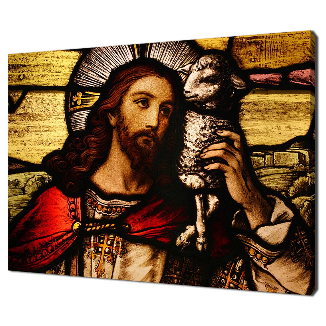 Jesus Christ Holding Lamb Stained Glass Style Religious Art Poster