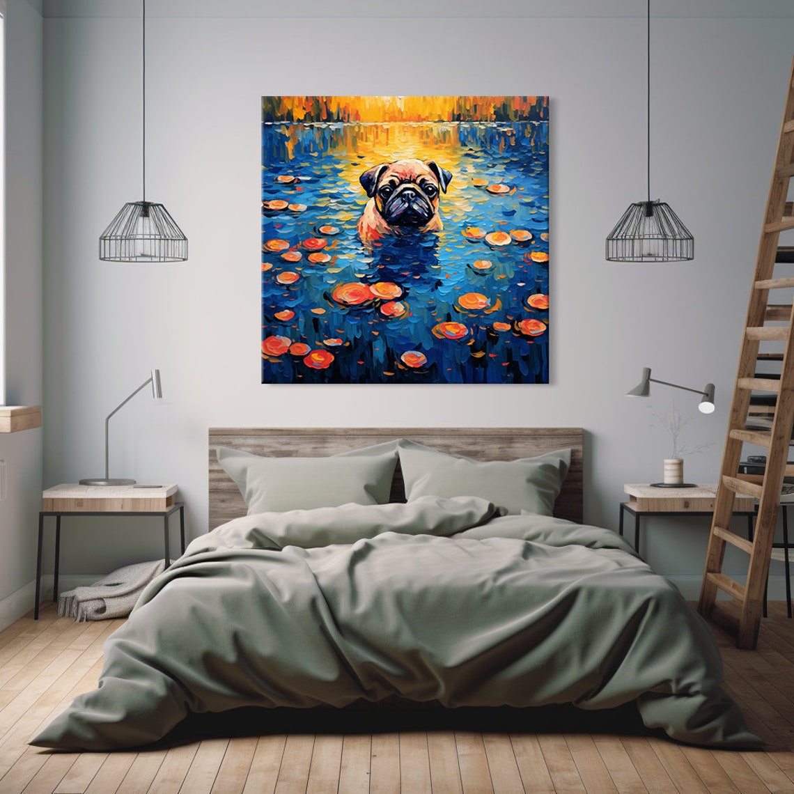 Cute Pug Dog In The River Animal Print Gift For Pug Dog Lover Colourful Dog Portrait Painting Print Dog Pet Wall Art - Image 3
