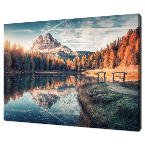 Dolomites Lake Mountains Reflection At Sunrise Landscape Modern Design Home Decor Print Wall Art Picture