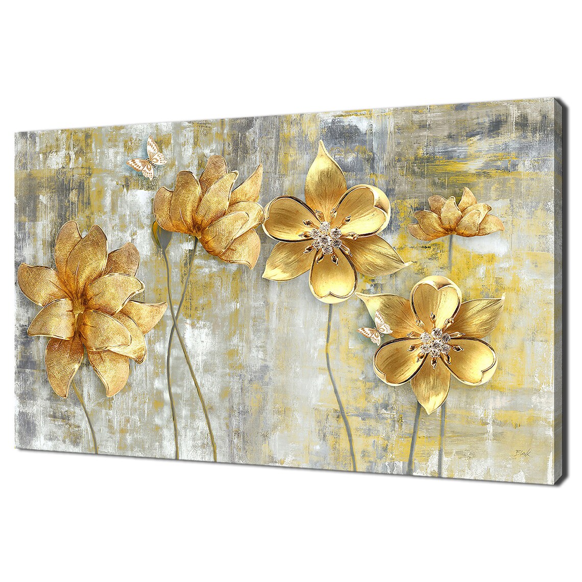 Golden Flowers and Butterflies Abstract Art Print