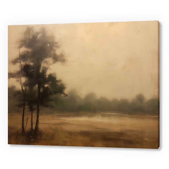 Vintage Country Foggy Landscape Trees Muted Moody Painting Style Print Farmhouse Decor Art Neutral Nature Picture Wall Hanging