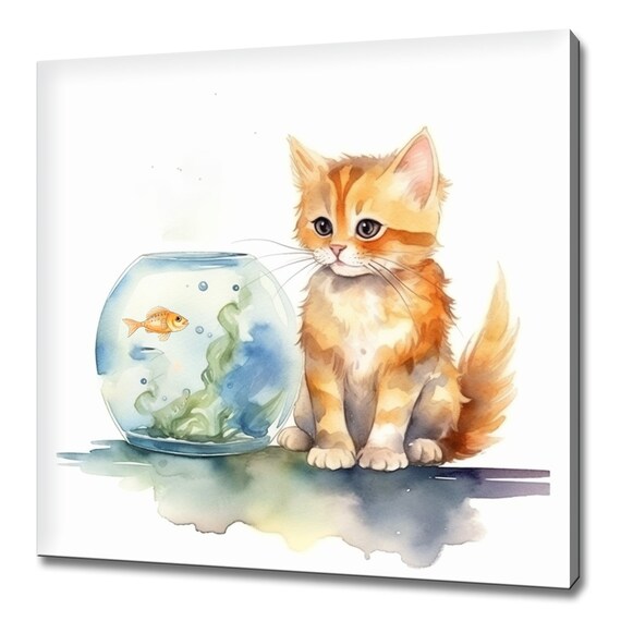 Cute Ginger Kitten With Goldfish Bowl Watercolor Nursery Animal Wall Art