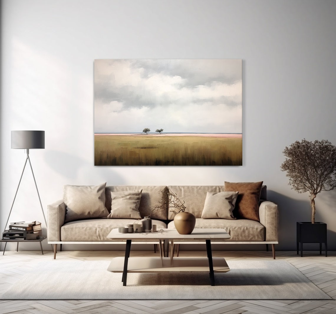 Minimalist Field With Two Trees Pink Horizon Wide Open Sky Poster - Image 4