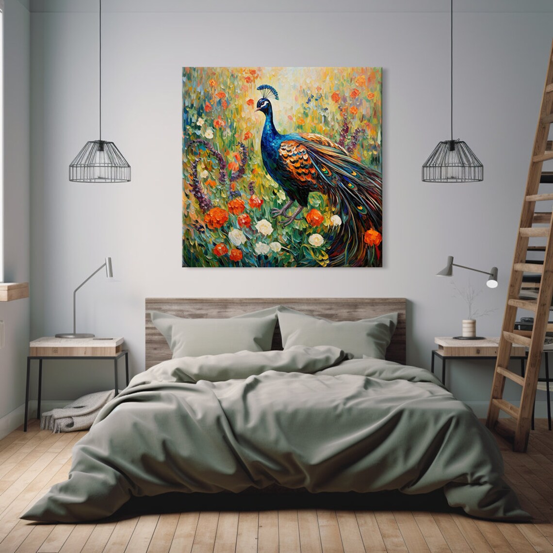 Majestic Peacock in Colorful Flower Garden Impasto Oil Painting Poster - Image 3