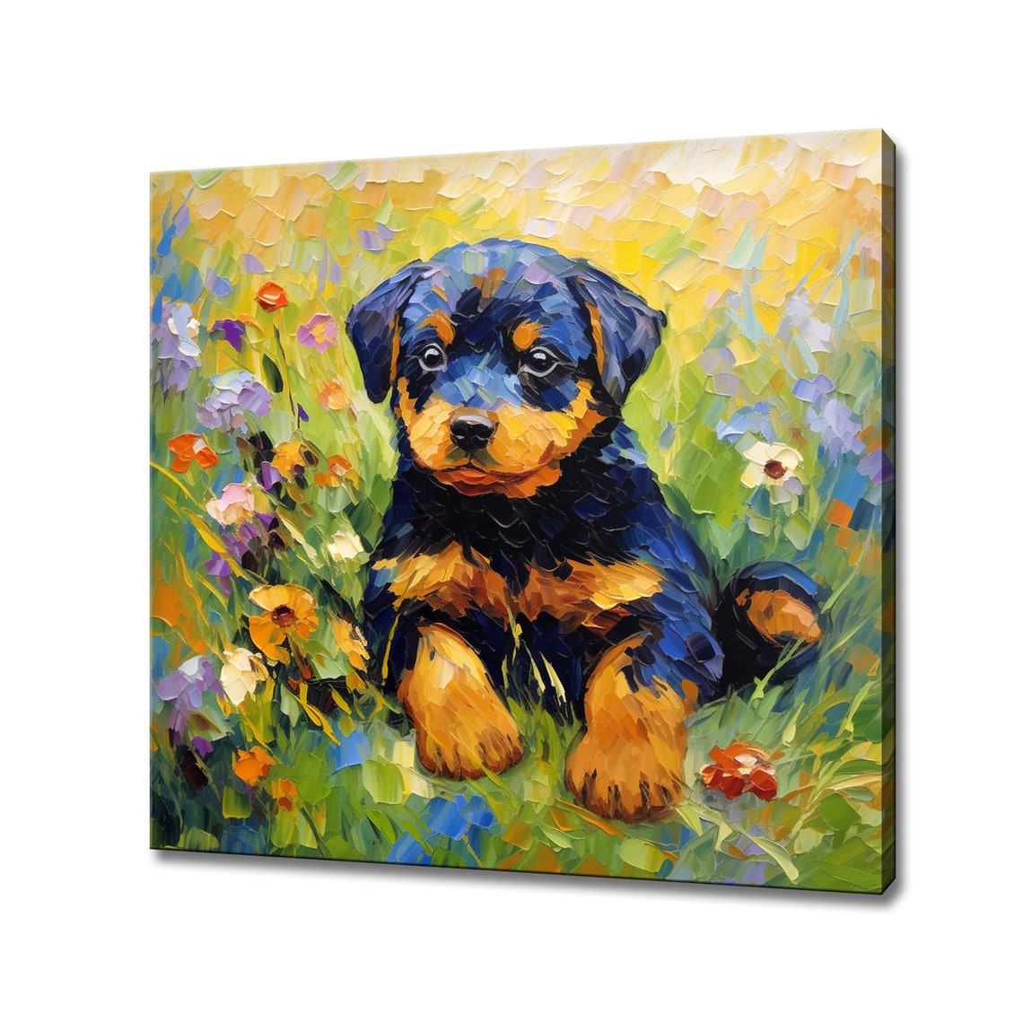 Cute Rottweiler Puppy In A Flower Meadow Colorful Dog Painting Poster
