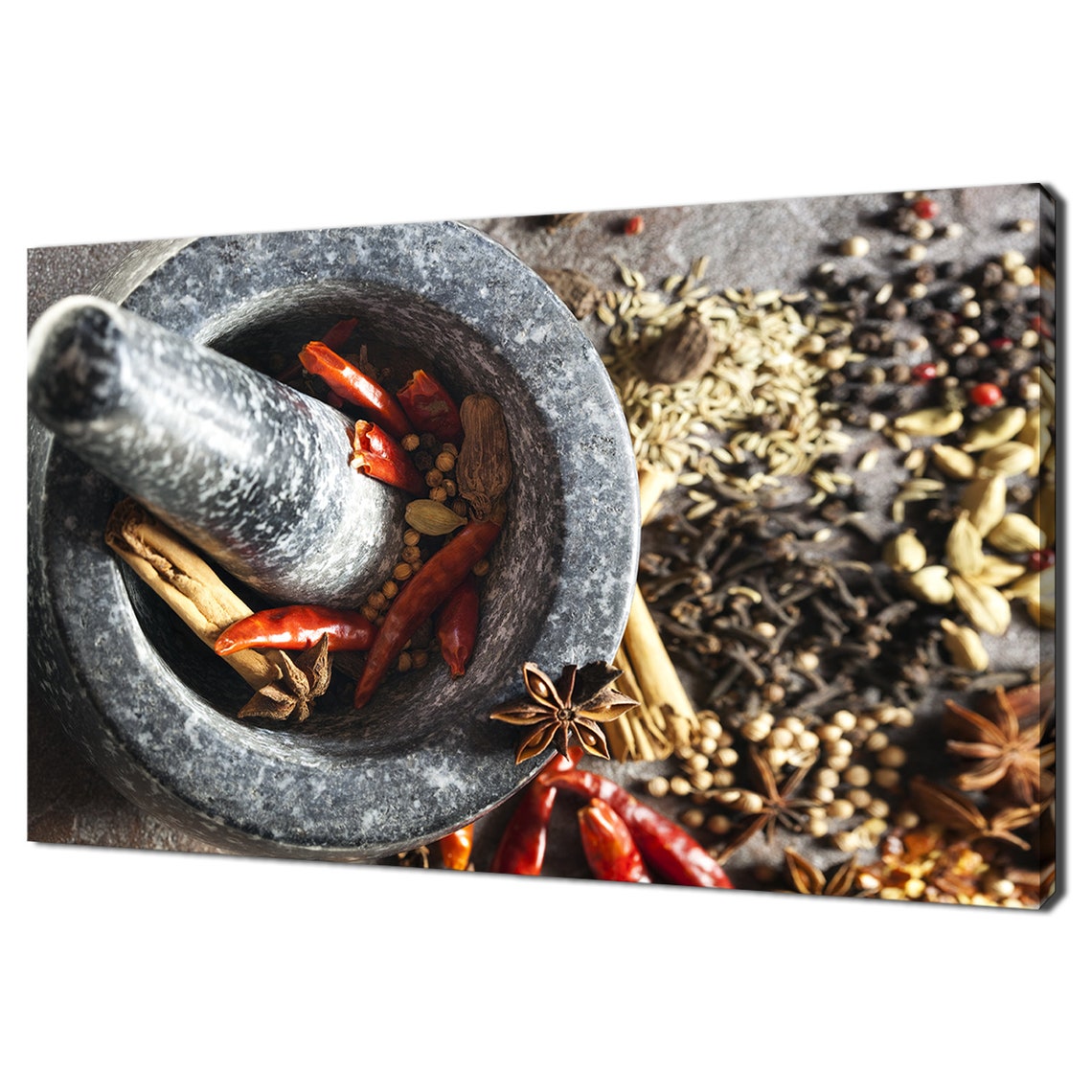 Granite Mortar And Pestle With Colorful Spices Kitchen Poster