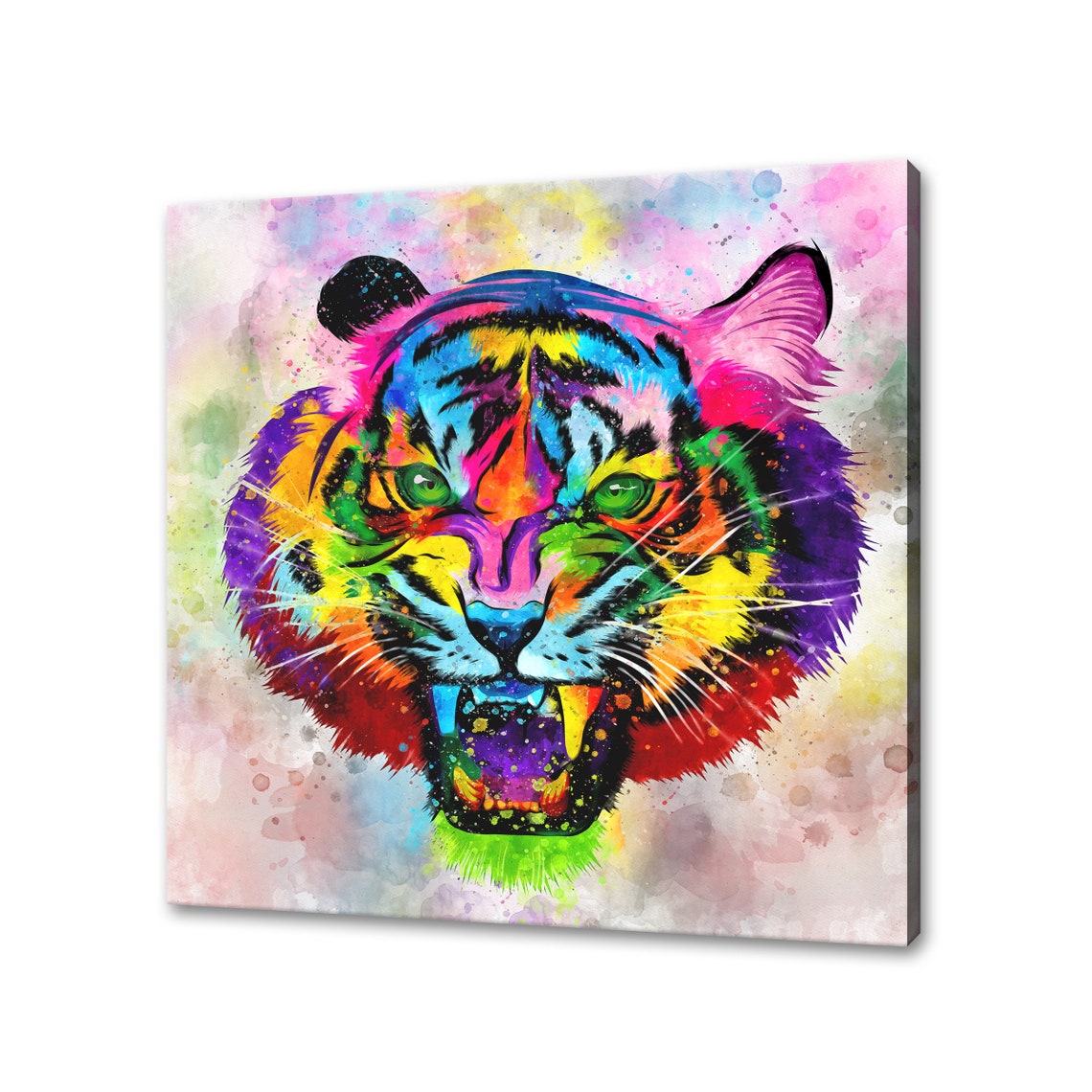Roaring Tiger Front View Rainbow Watercolor Bared Fangs Poster