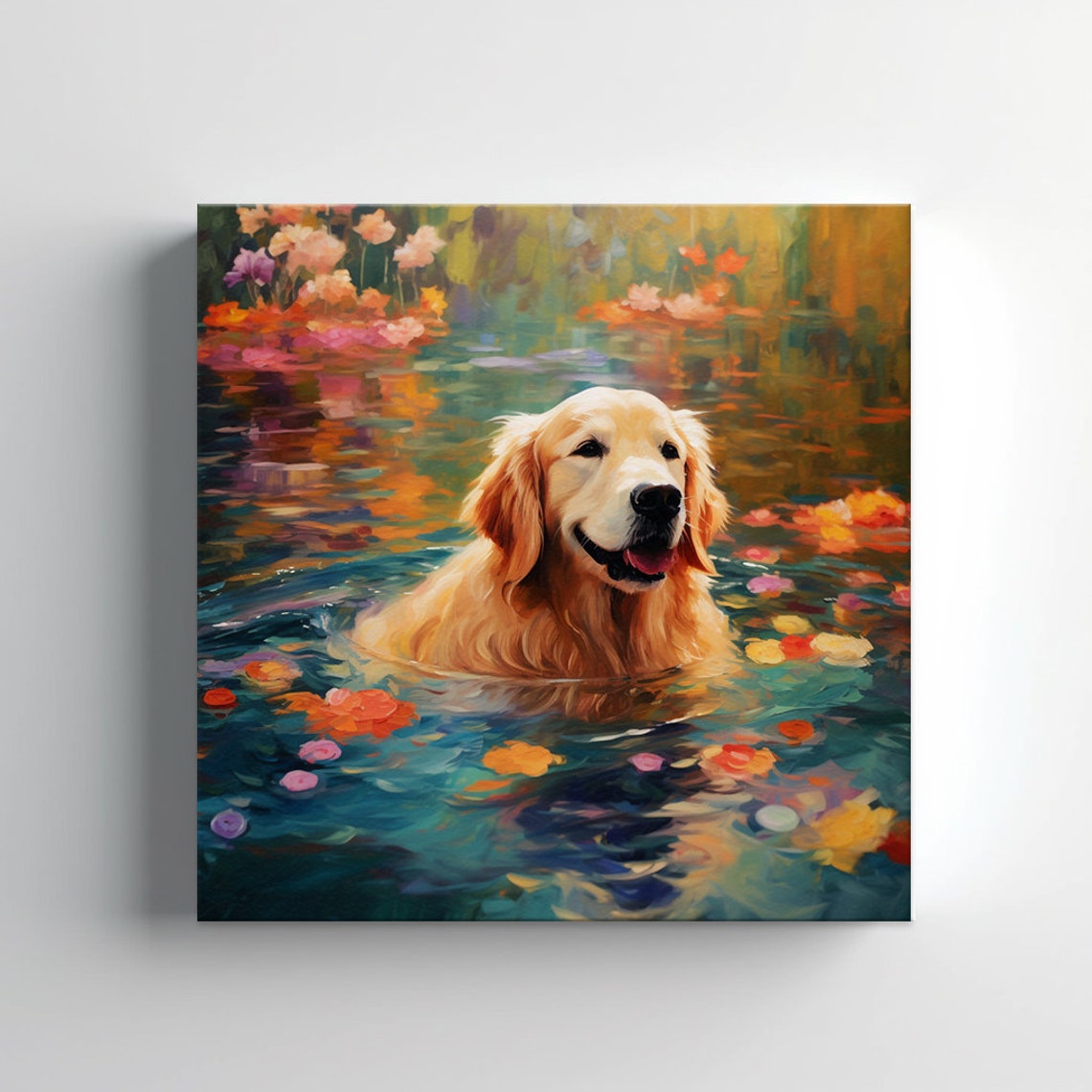 Golden Retriever Dog In The River Print Gift For Golden Retriever Dog Lover Colourful Dog Portrait Painting Print Dog Pet Wall Art - Image 3