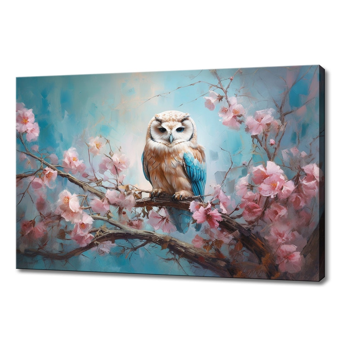 Owl Perched Cherry Blossom Branch Teal Sky Spring Painting Poster
