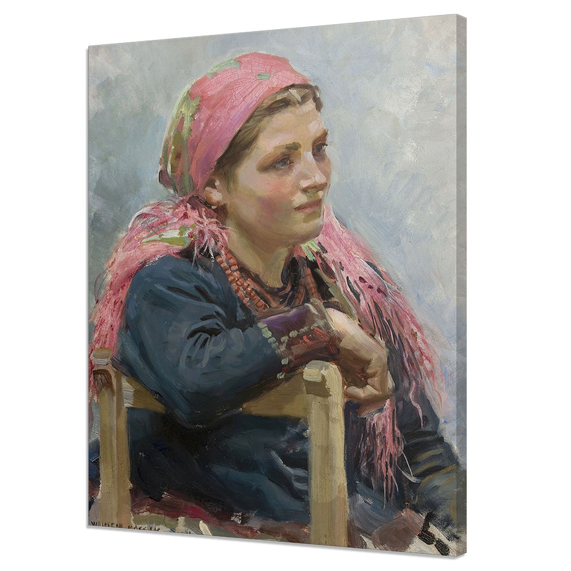 Study Of A Girl 1911 Kossak Reproduction Vintage Painting Print Antique Female Portrait Lady With Pink Scarf Portrait Print