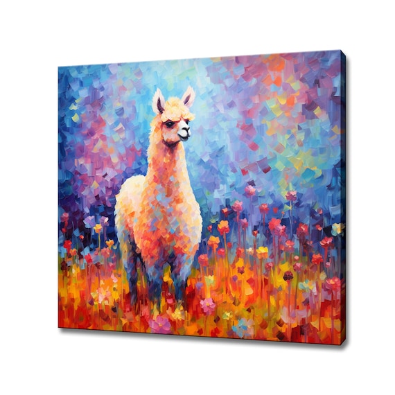 Colorful Llama Wildflowers Painting Whimsical Animal Portrait Wall Art