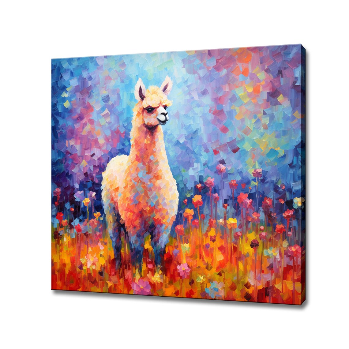 Colorful Llama Wildflowers Painting Whimsical Animal Portrait Wall Art