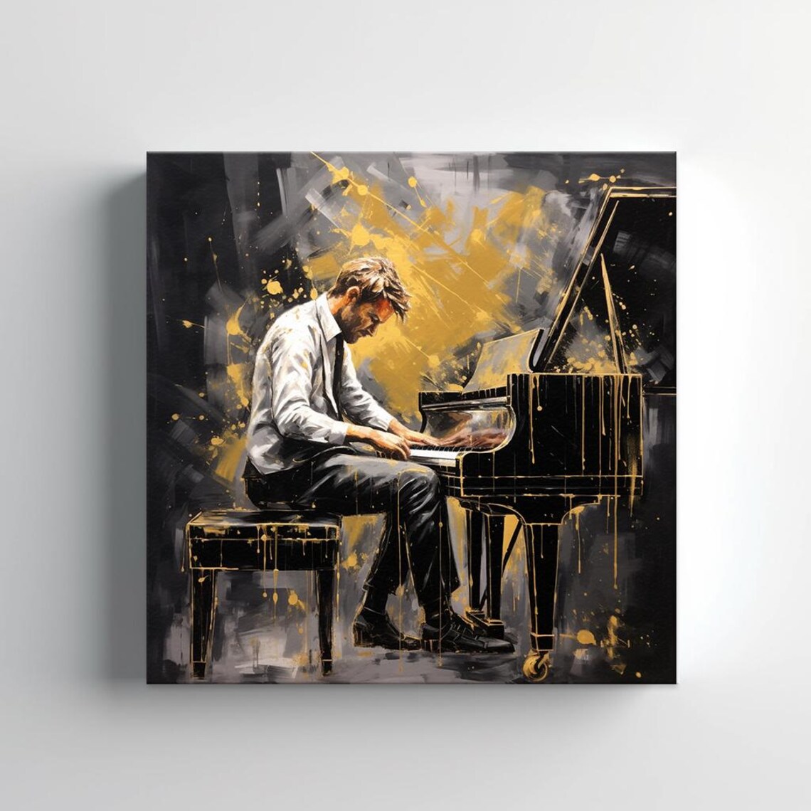 Pianist Playing Grand Piano Black Gold Painting Music Studio Art Poster - Image 2